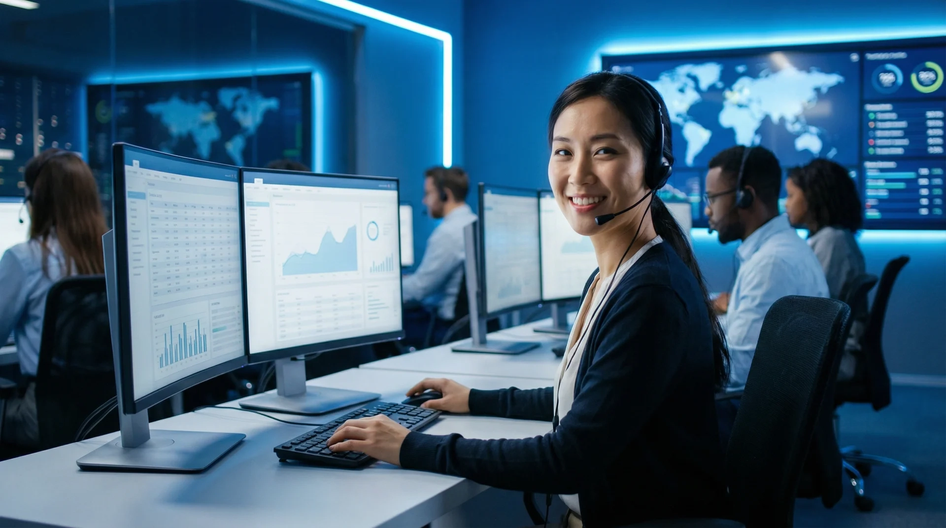 金沙娱乐专业客服团队在现代化办公室提供全天候服务